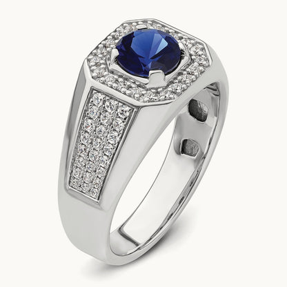 Created Blue Sapphire Men's Ring, 0.50 ct tw Lab-Grown Diamond