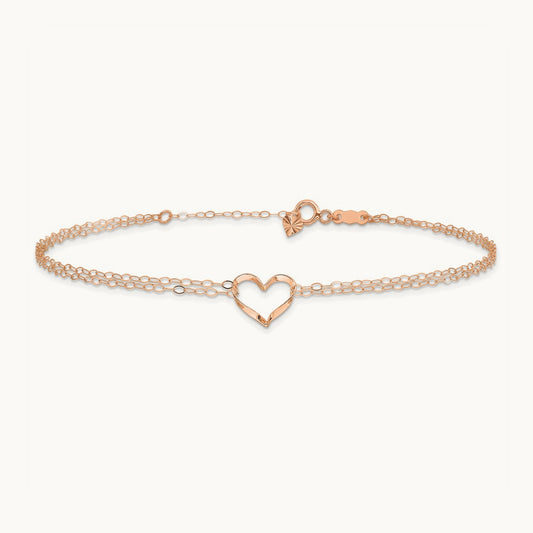 Double Strand Heart 9in Plus 1in Ext Anklet, 14K Rose Gold