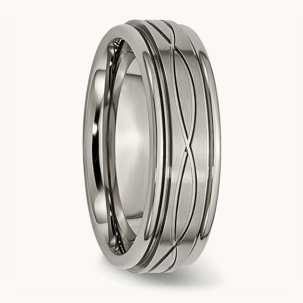 Brushed Center Criss-cross Design Ridged Edge Band, 7mm, Titanium
