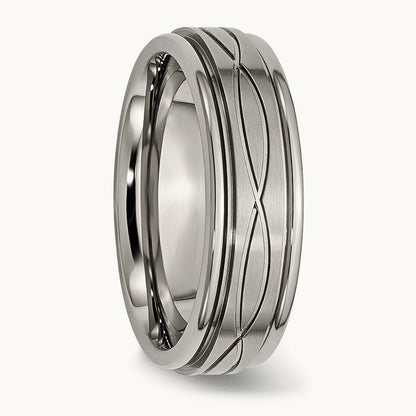Brushed Center Criss-cross Design Ridged Edge Band, 7mm, Titanium