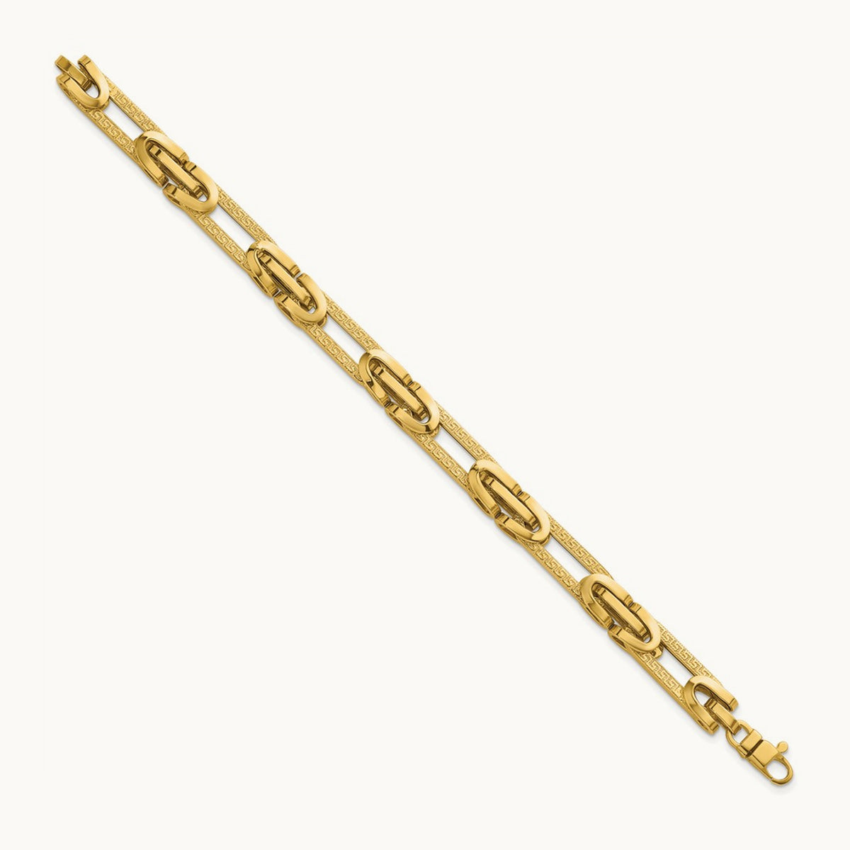 Polished & Textured Greek Key Design Oval Link 7.25 in Bracelet, 14K