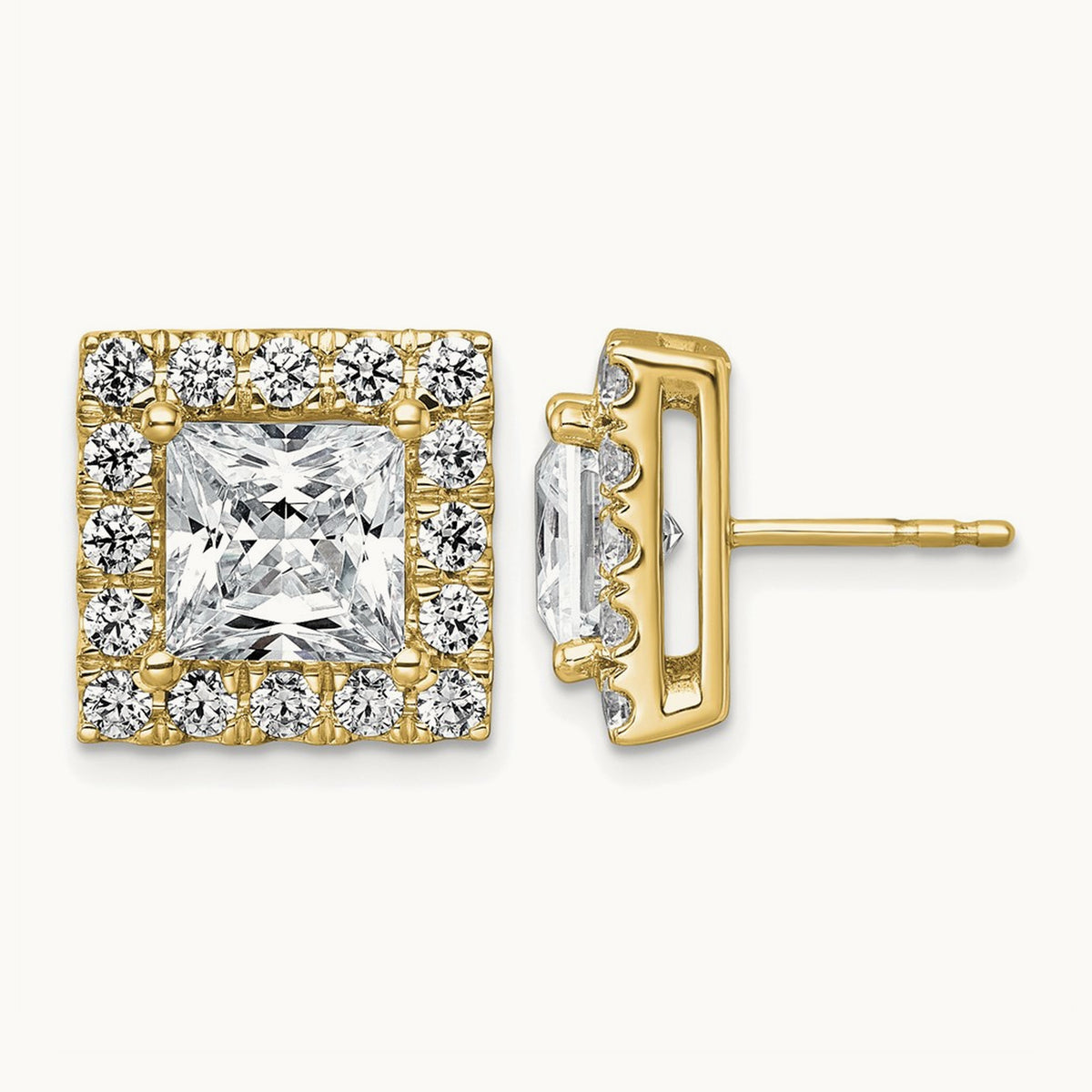 Princess Halo Post Earrings, 0.50-7.50 ct tw Lab-Grown Diamond — 6 1/2 ct, 14K Yellow Gold
