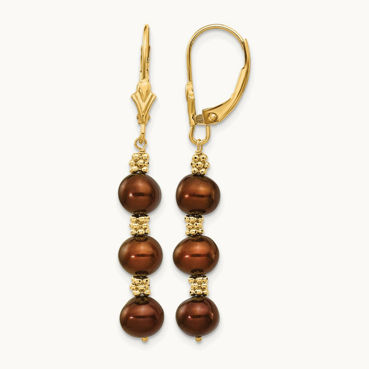5- Brown Semi-round FW Cultured Pearl Leverback Earrings, 14K