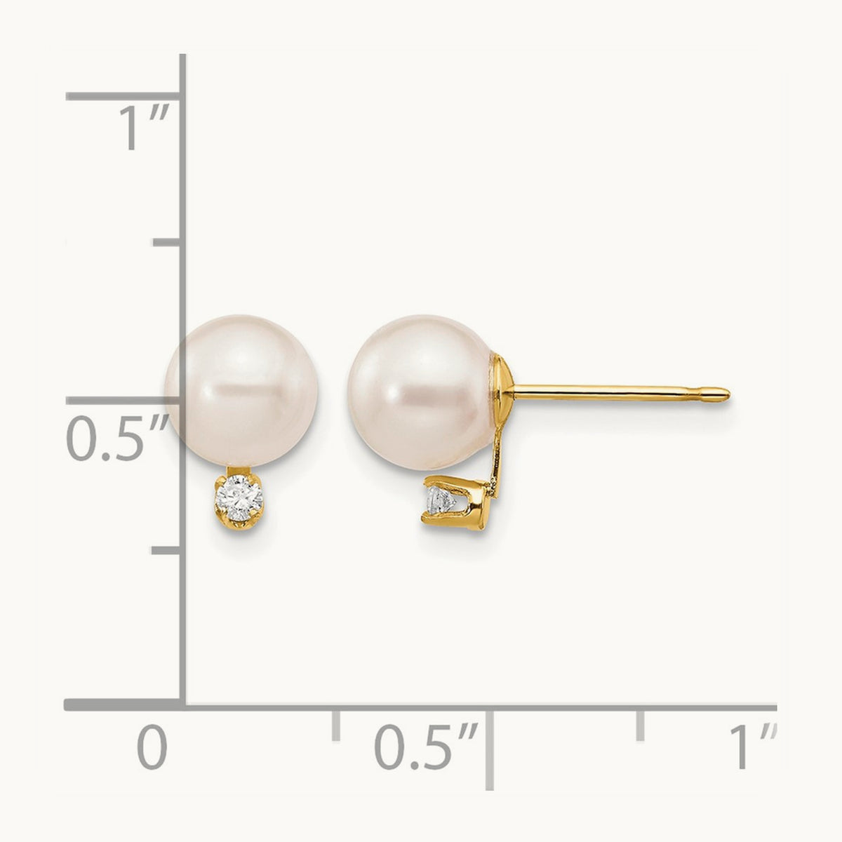 6- White Round Saltwater Akoya Cultured Pearl Diamond Post Earrings, 7mm, 14K