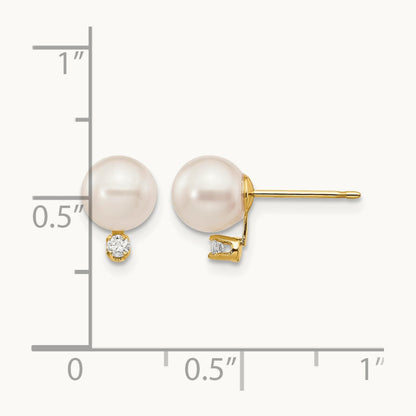 6- White Round Saltwater Akoya Cultured Pearl Diamond Post Earrings, 7mm, 14K