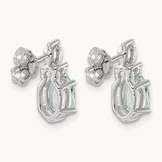 Diamond and Aquamarine Post Earrings — 14K White Gold