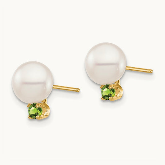 7- White Round Freshwater Cultured Pearl Peridot Post Earrings, 7.5mm, 14K
