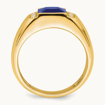 Square Created Sapphire and Diamond Mens Ring, 14K