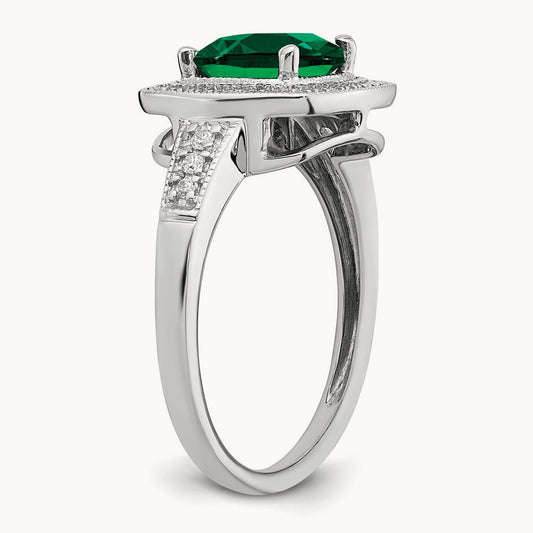 Cushion Created Emerald and Diamond Halo Ring, 14K White Gold