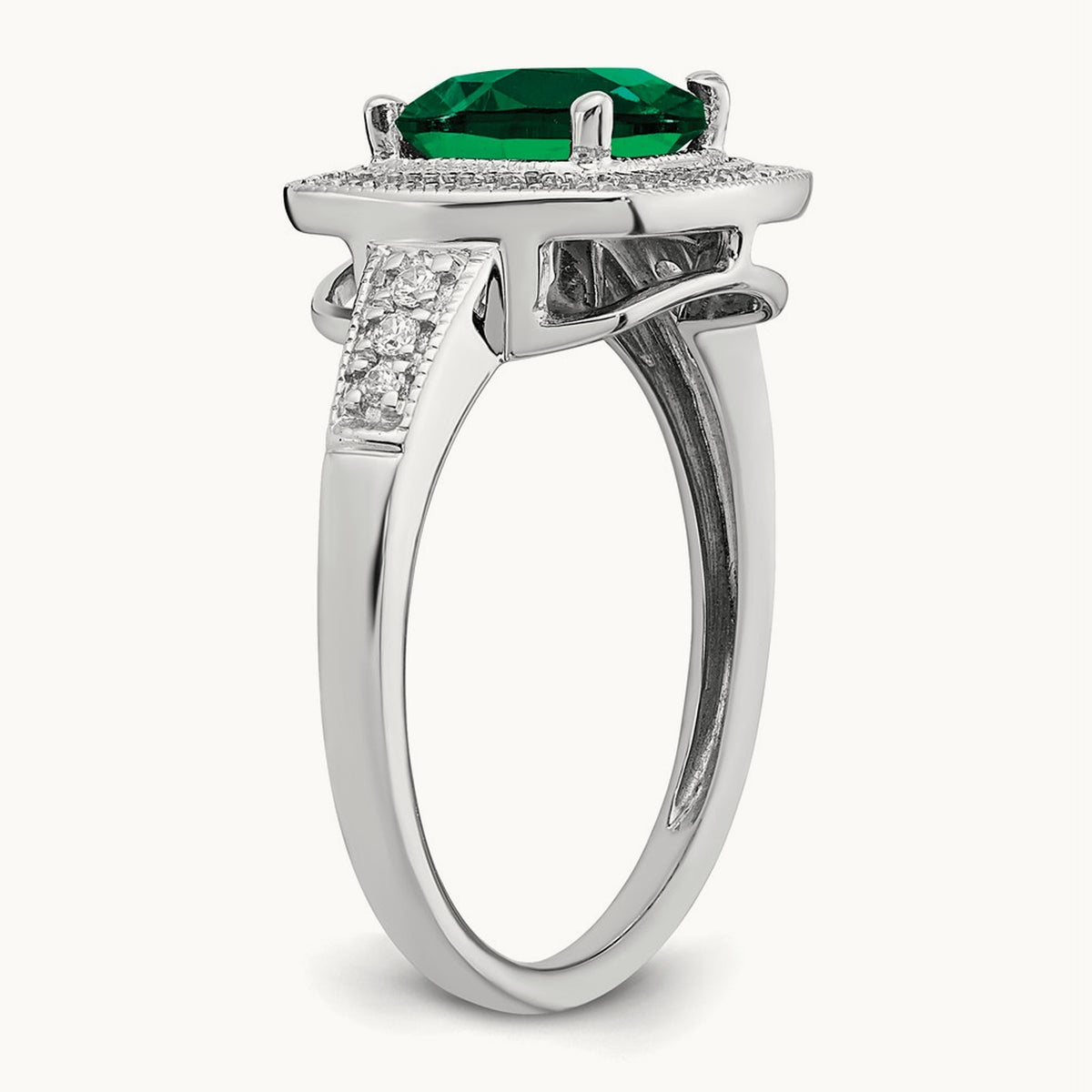 Cushion Created Emerald and Diamond Halo Ring, 14K White Gold