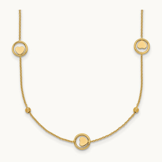 Polished Heart in Circle with D/C Beads 16.75in Necklace, 14K