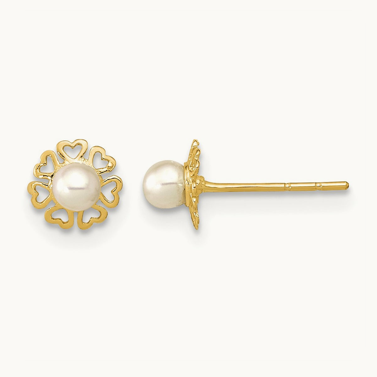 Polished Small Heart Petals with FW Cultured Pearl Post Earrings, 14K