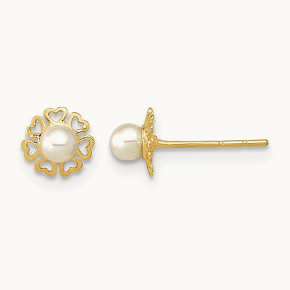 Polished Small Heart Petals with FW Cultured Pearl Post Earrings, 14K
