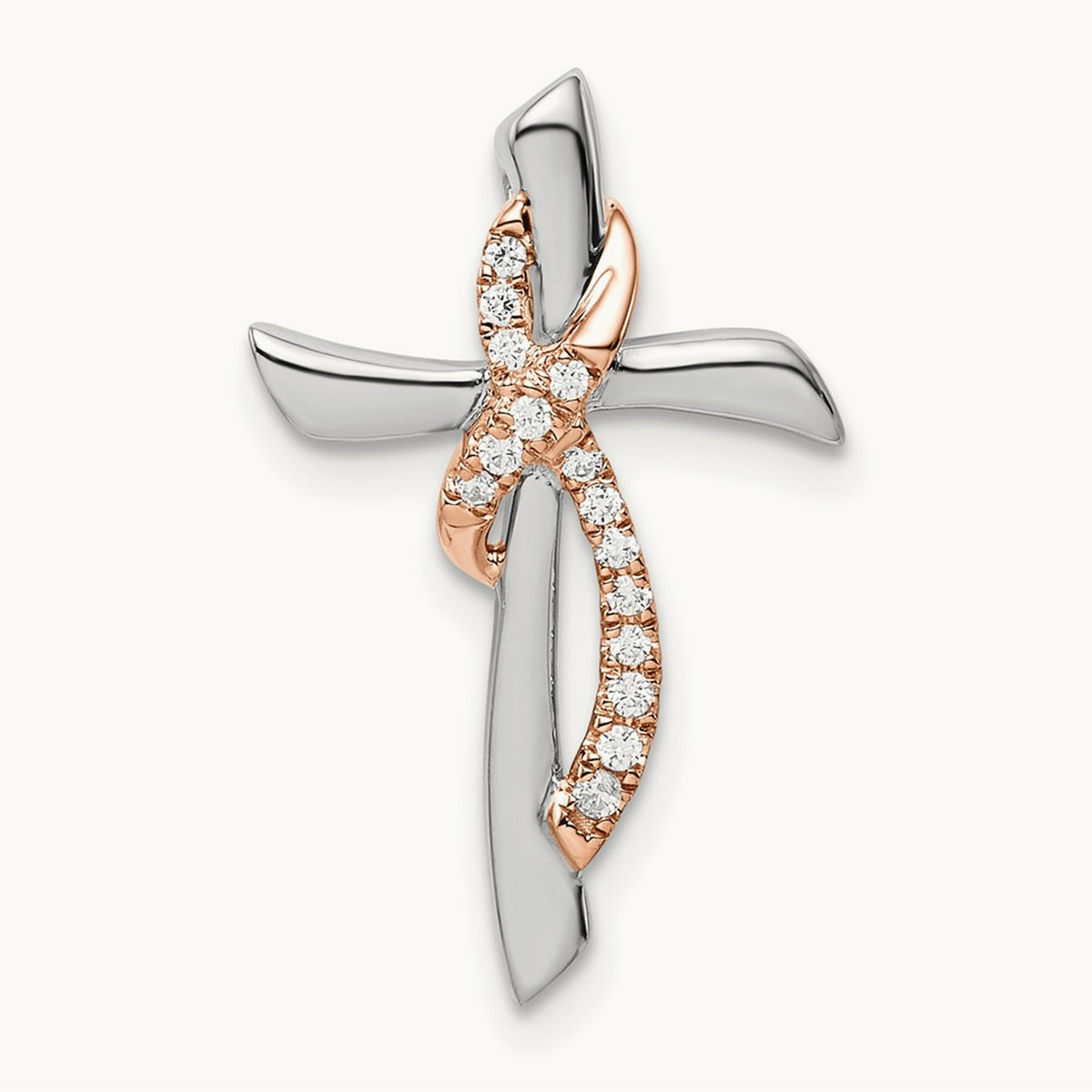 & Rose Cross w/Ribbon Diamond Chain Slide, 14K Two-tone White