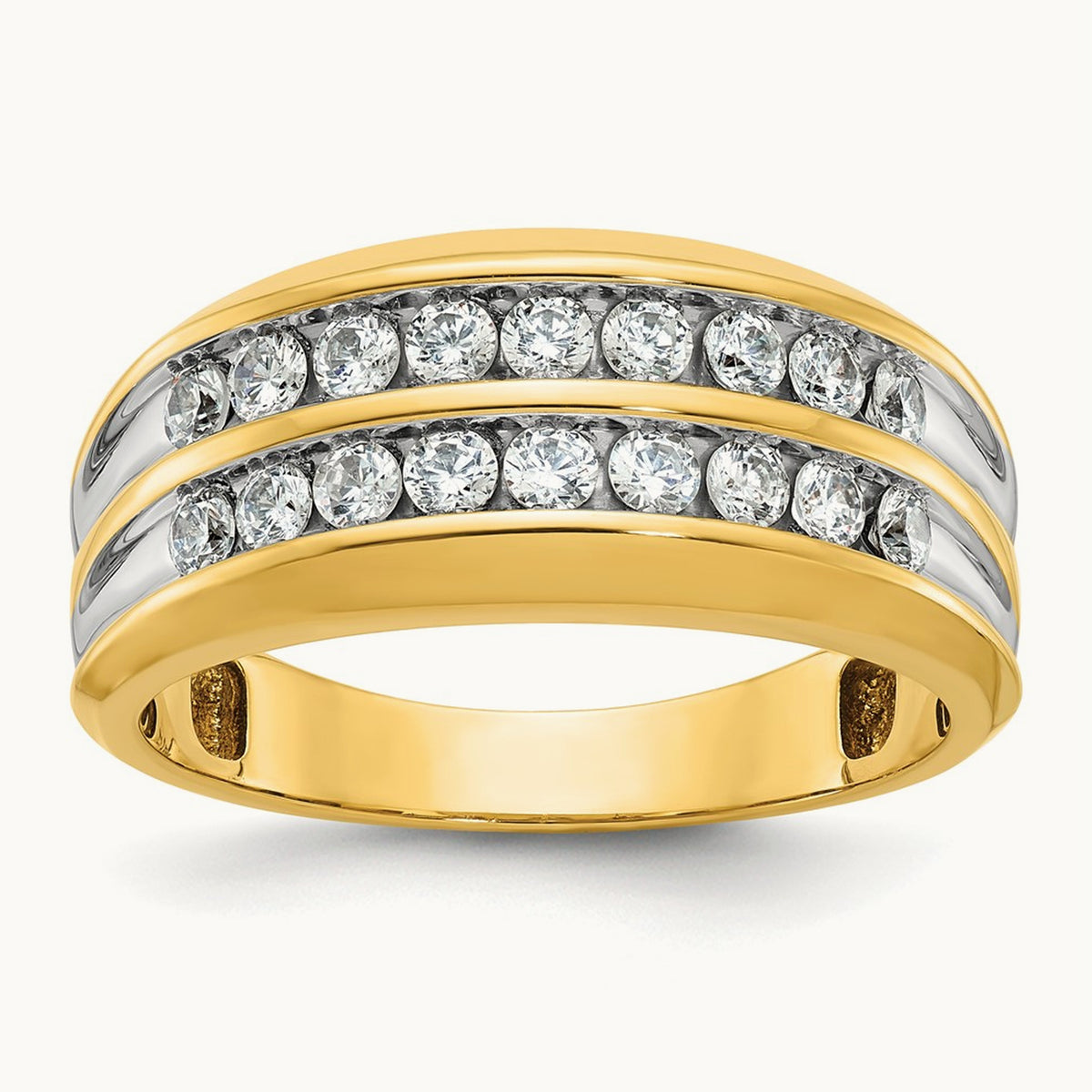 w/ White RH IBGoodman Men's Polished Two-Row Diamond Ring, 14K