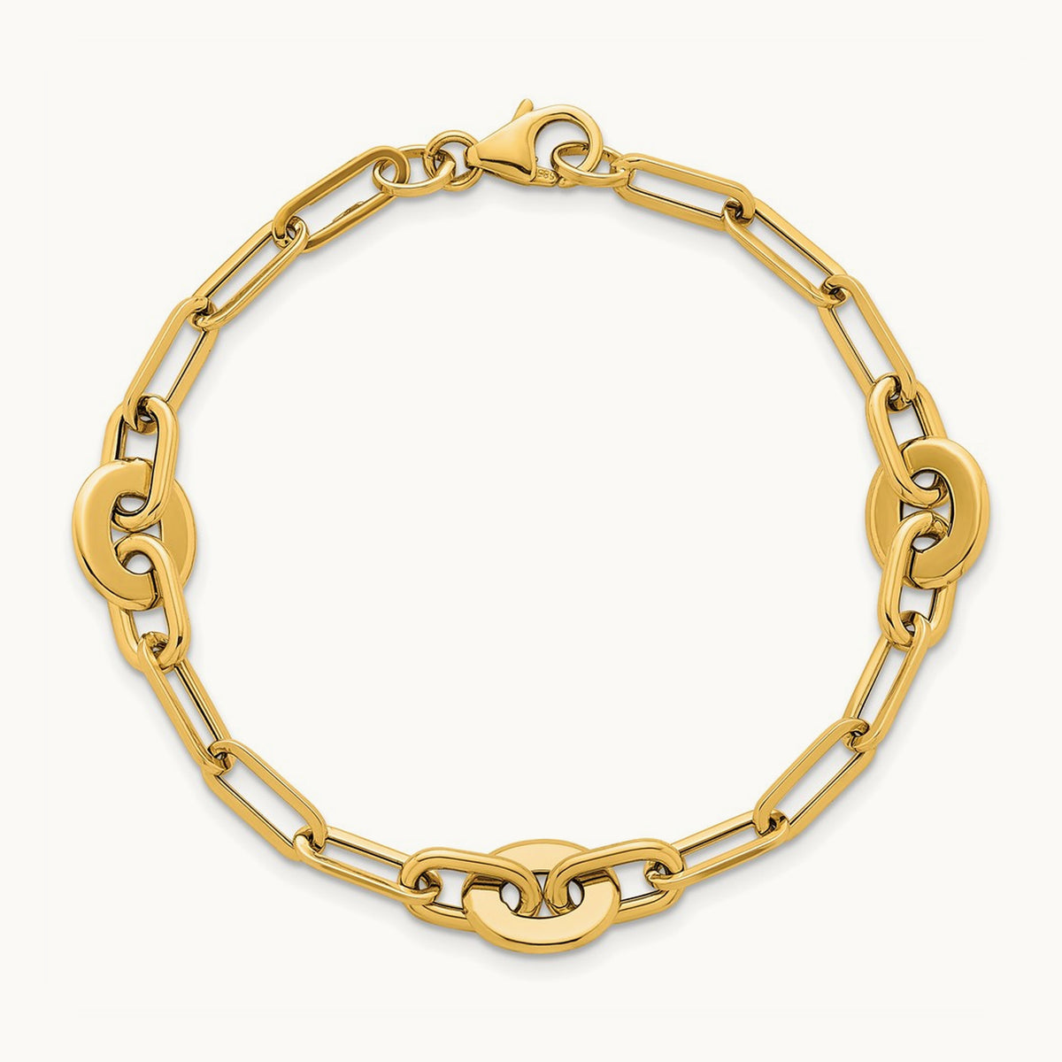 Polished Flat Oval and Paperclip Link 7.25 Inch Bracelet, 14K