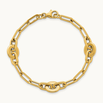 Polished Flat Oval and Paperclip Link 7.25 Inch Bracelet, 14K