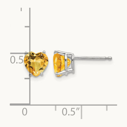 Citrine Heart Stud Earrings, 14K White Gold