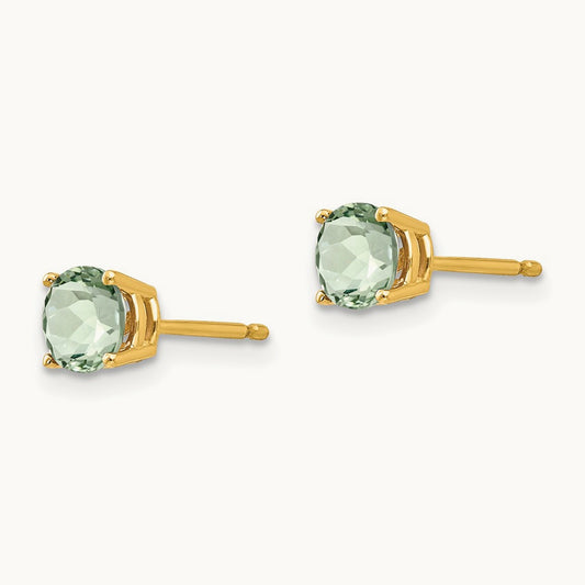 Round Checker-Cut Green Quartz Earrings, 5mm, 14K