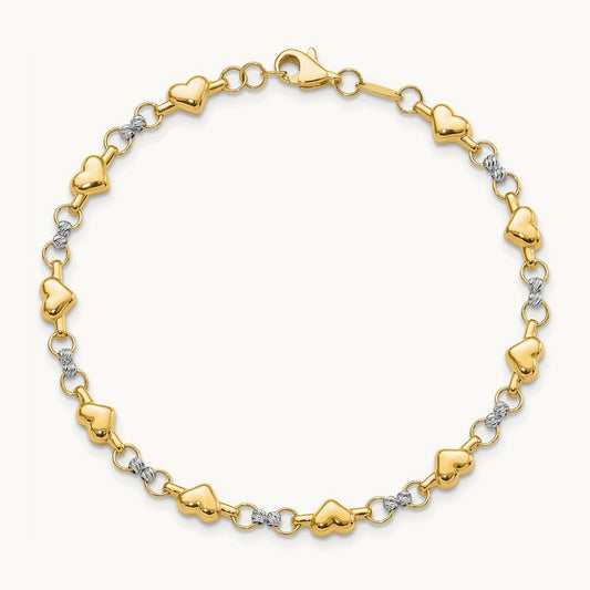 Polished D/C Heart 7.5in Bracelet, 14K Two-tone