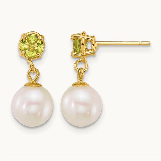 7- Round White FWC Pearl and Peridot Post Dangle Earrings, 8mm, 14K