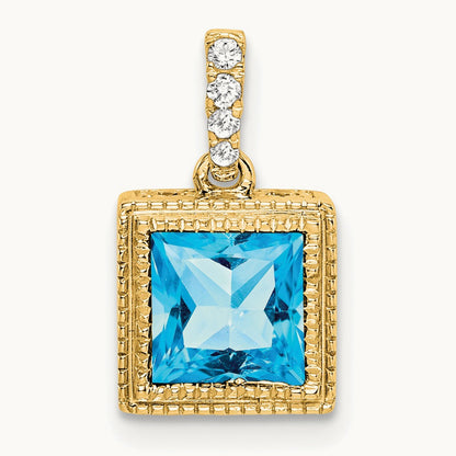 Square Blue Topaz and Diamond Pendant, 14K