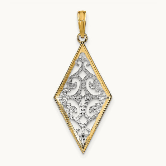 w/Rhodium Diamond Shape Cut-Out Filigree Charm, 14K