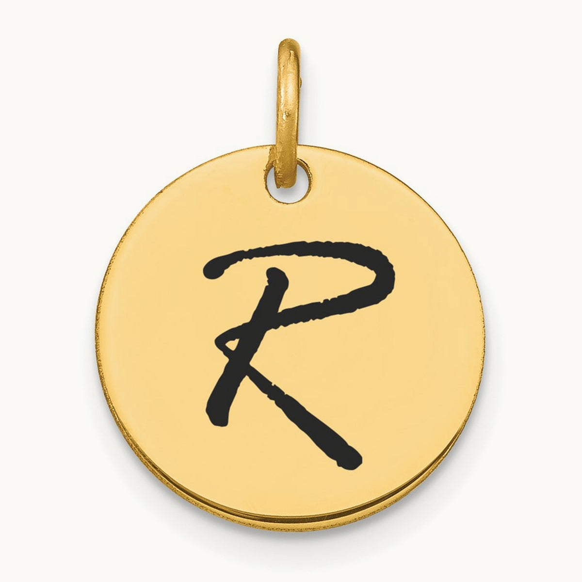 Polished Black Enamel Initial Disk Charm — 14K Yellow Gold, R