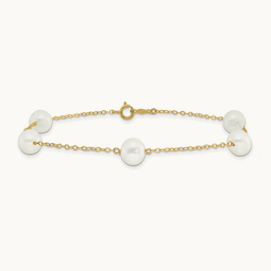 7- White Near Round FW Cultured Pearl 5-station 9in Anklet, 8mm, 14K