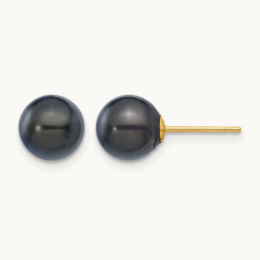 7- Round Black Saltwater Akoya Cultured Pearl Stud Post Earrings, 8mm, 14K