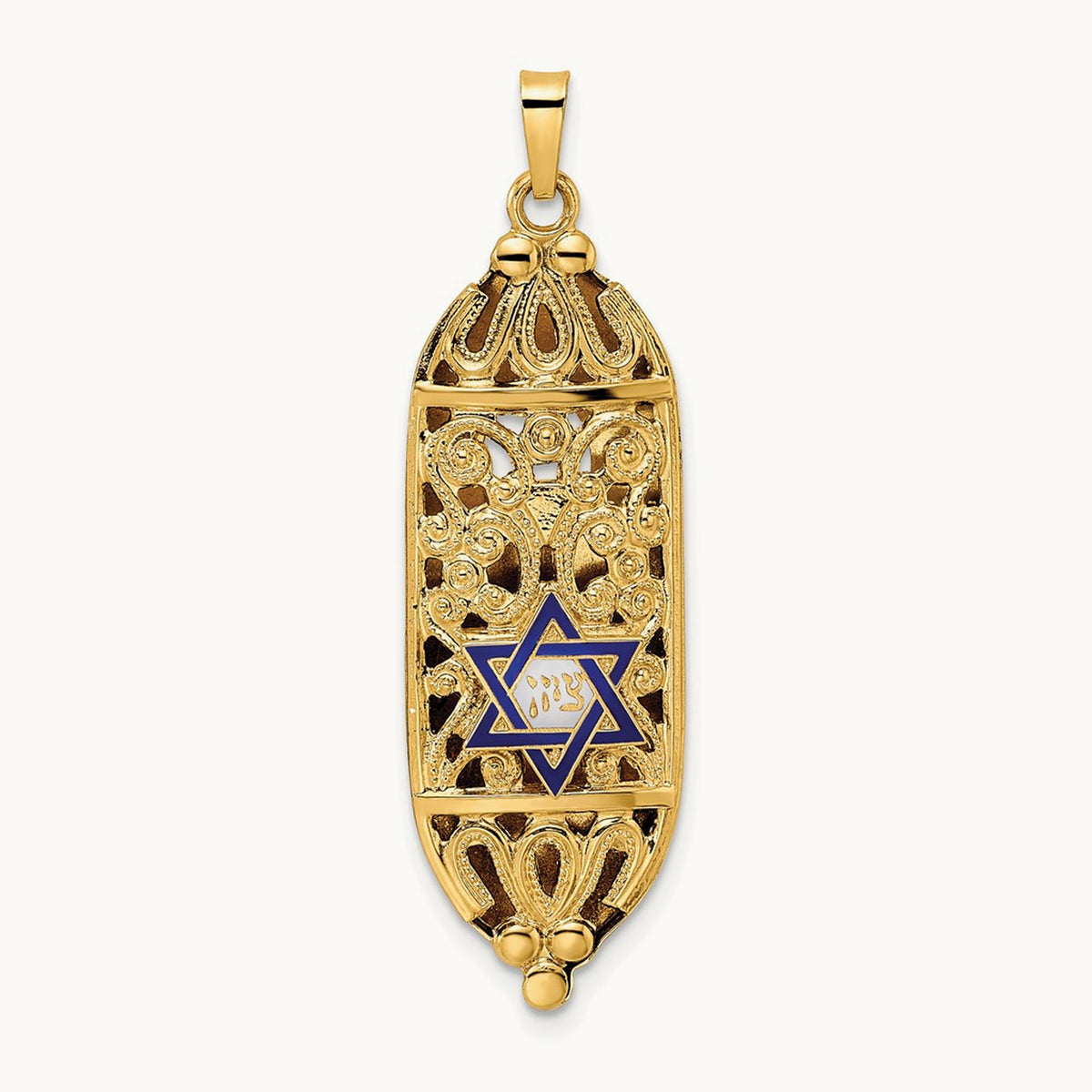 Polished Mezuzah Enameled Star Pendant, 14K