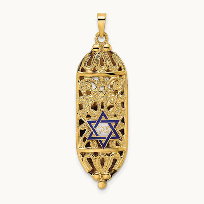 Polished Mezuzah Enameled Star Pendant, 14K