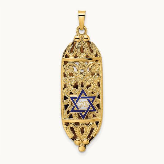 Polished Mezuzah Enameled Star Pendant, 14K