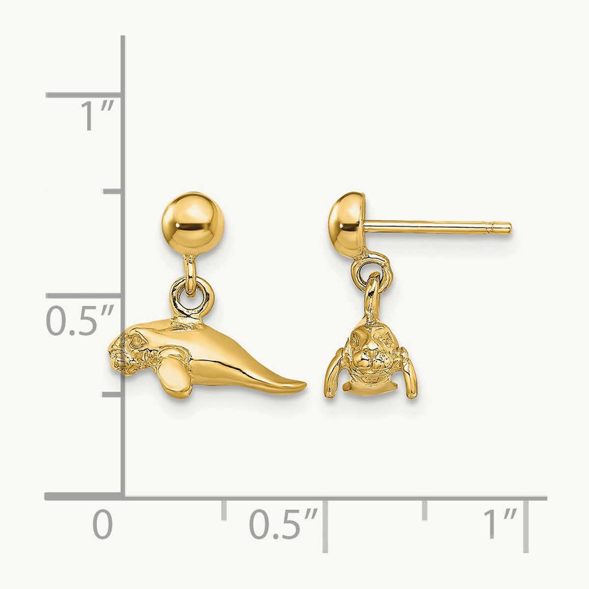3-D Polished Mini Manatee Dangle Earrings — 14K Yellow Gold
