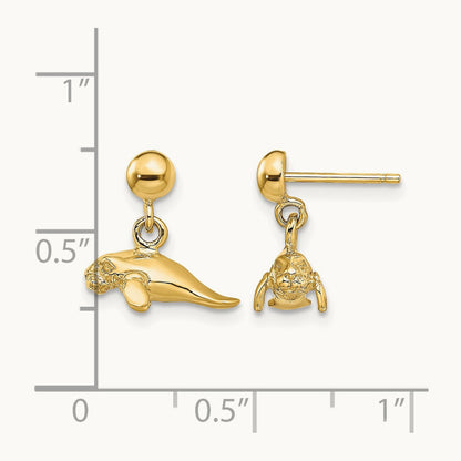 3-D Polished Mini Manatee Dangle Earrings — 14K Yellow Gold