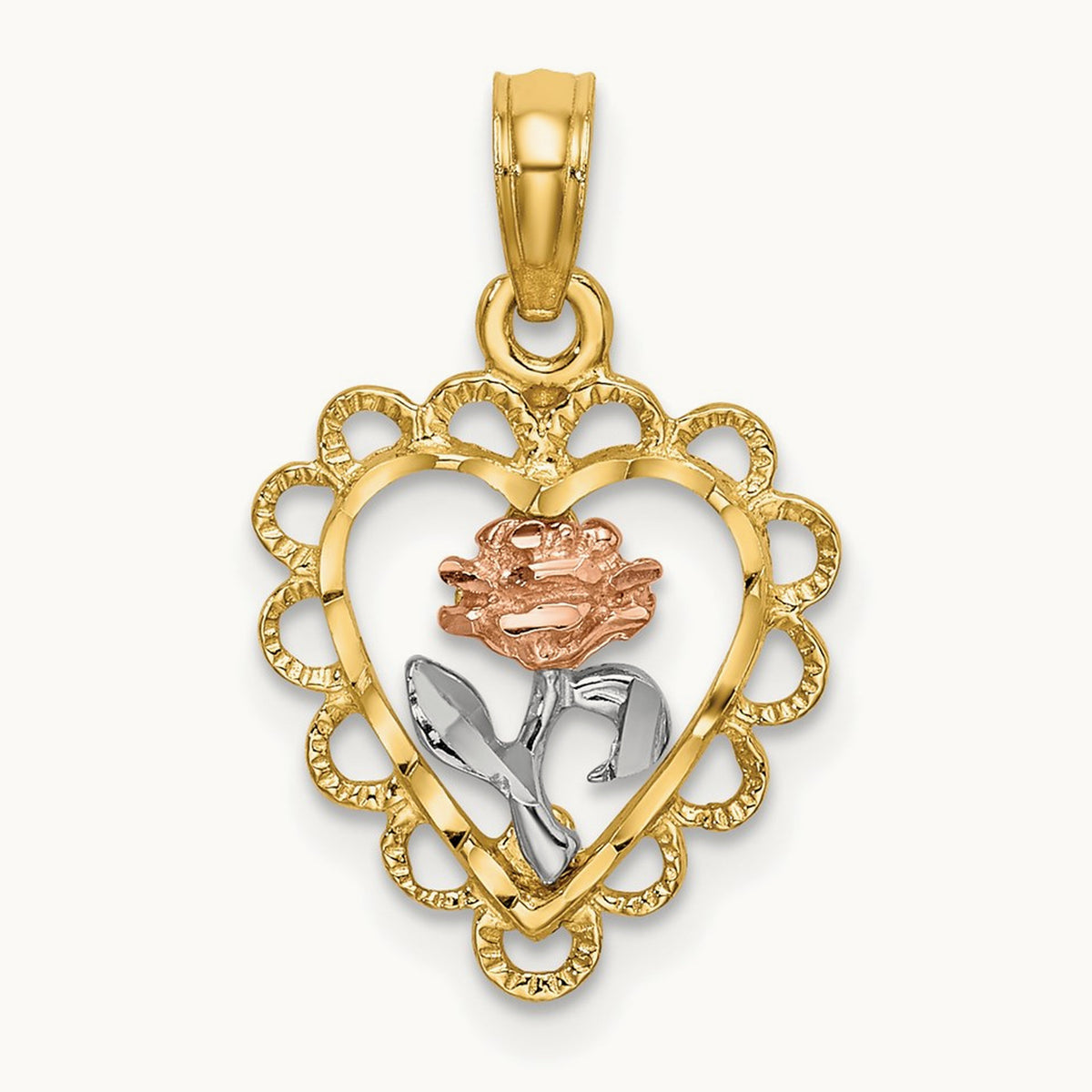Rhodium Heart w/ Rose and Lace Trim Charm, 14K Two-tone White