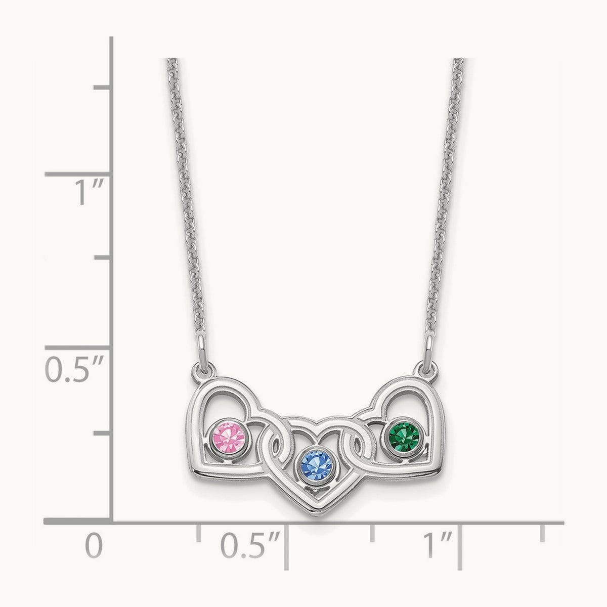 3 Hearts 3 Birthstones w/ 18k Rhodium Plated Bezels Necklace, 14K White Gold