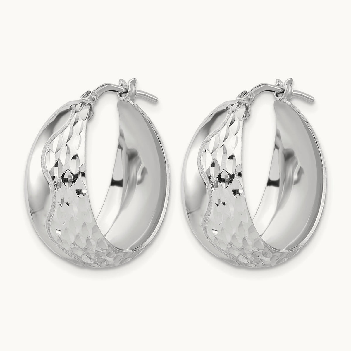Rhodium-plated Polished and Textured Hoop Earrings, Sterling Silver — Leslie's