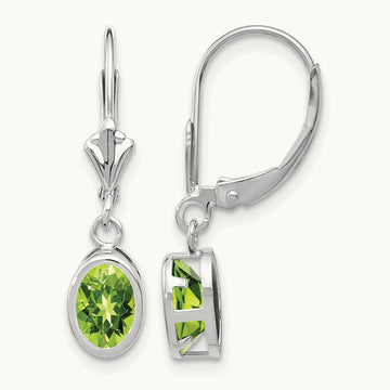 Oval Peridot Leverback Earrings — 14K White Gold, 26mm, 7x5mm