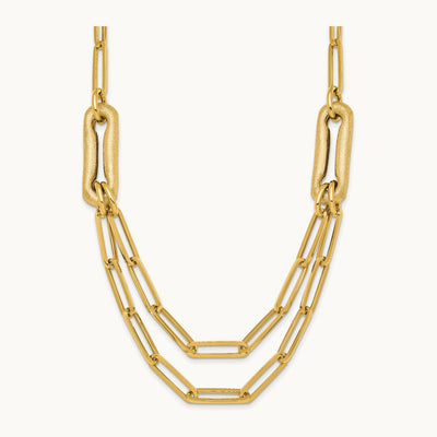 Polished And Brushed Double Layer Paperclip Link Necklace, 14K