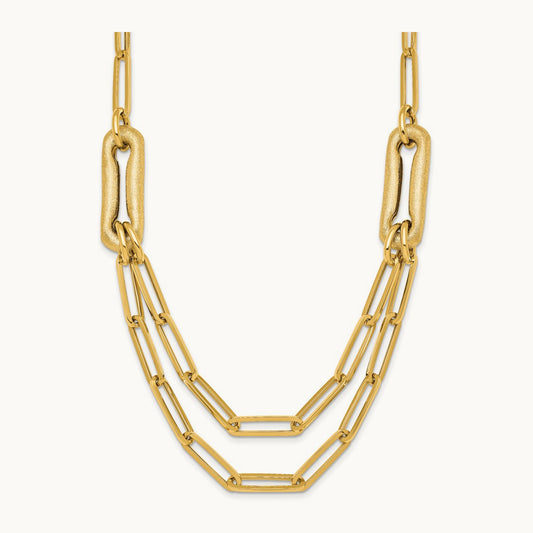 Polished And Brushed Double Layer Paperclip Link Necklace, 14K