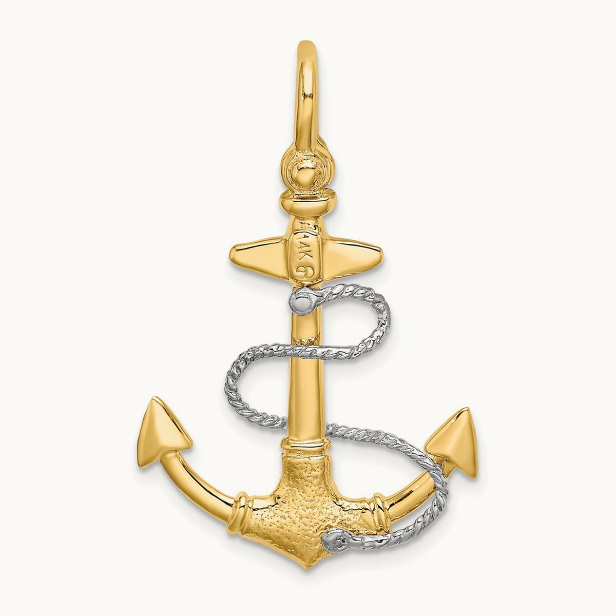 3-D Small Anchor w/Rope and Shackle Bail Charm, 14K Two-tone
