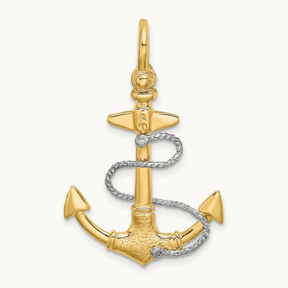 3-D Small Anchor w/Rope and Shackle Bail Charm, 14K Two-tone