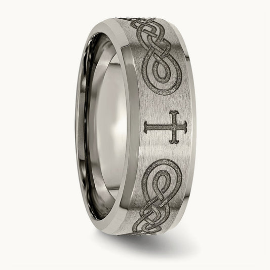 Brushed & Polished Cross Laser Design Beveled Edge Band — photo set