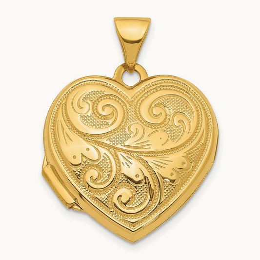 Scroll Design Reversible Heart Locket Pendant, 19mm, 14K Yellow Gold