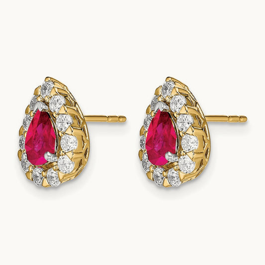 Pear Ruby and Diamond Halo Post Earrings, 14K