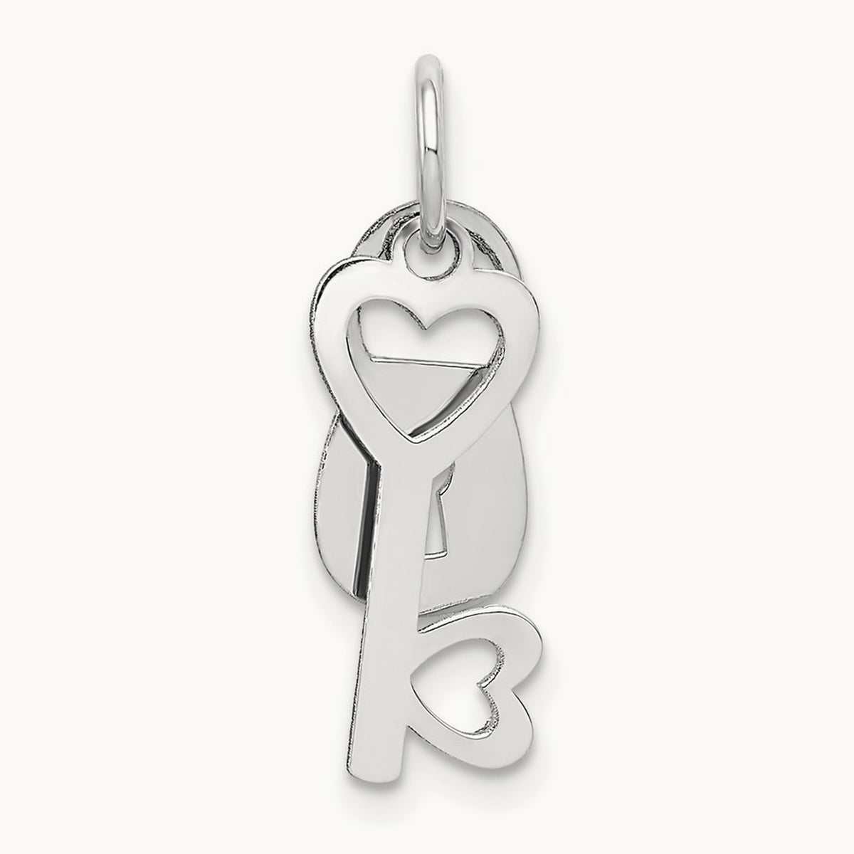 Polished Moveable Lock and Heart Key Charm, 14K White Gold