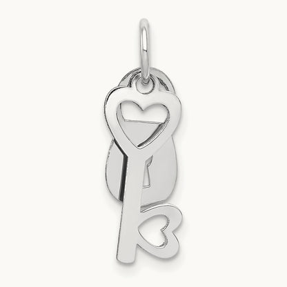 Polished Moveable Lock and Heart Key Charm, 14K White Gold