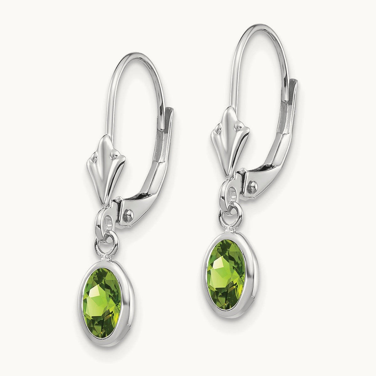 6x4 Oval Bezel August/Peridot Leverback Earrings — 14K White Gold