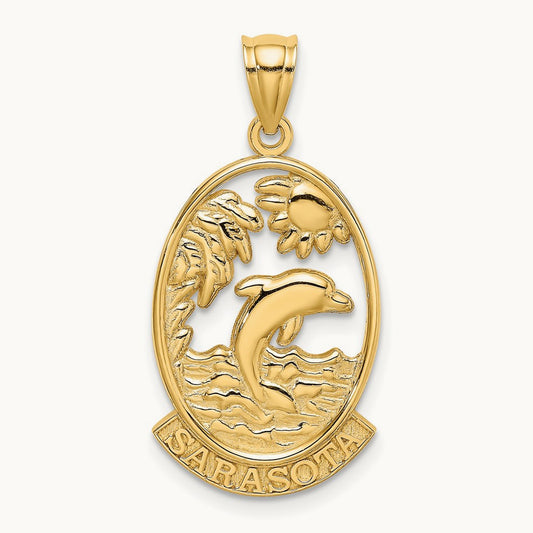 SARASOTA w/ Dolphin Sunset Scene Charm, 14K